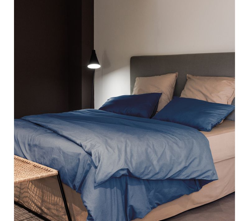 Parure De Lit 240x220 Cm Et 50x70 Cm Coton Lavé Palace Bleu Indigo 3 Pièces