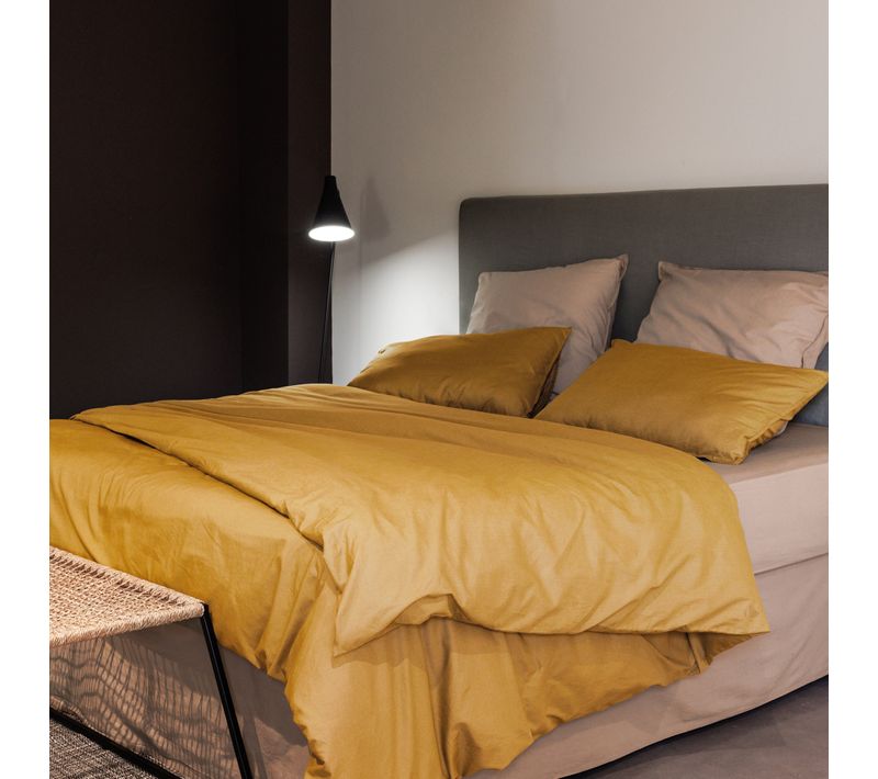 Parure De Lit 260x240 Cm Et 65x65 Cm Coton Lavé Palace Jaune Curry 3 Pièces