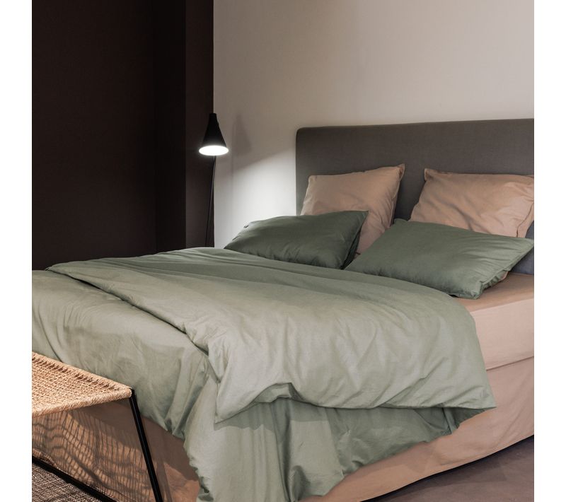 Parure De Lit 260x240 Cm Et 65x65 Cm Coton Lavé Palace Vert Laurier 3 Pièces