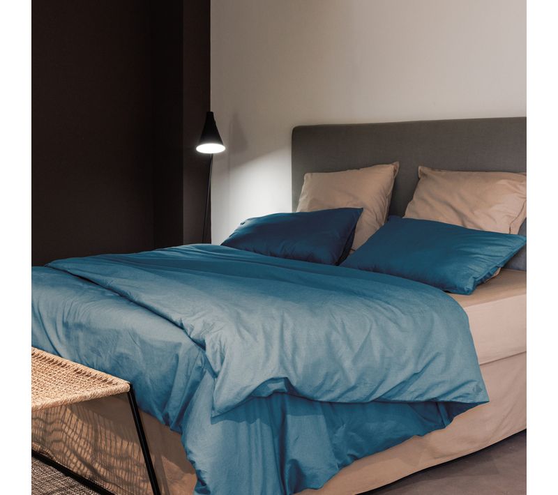 Parure De Lit 260x240 Cm Et 50x70 Cm Coton Lavé Palace Bleu Marine 3 Pièces