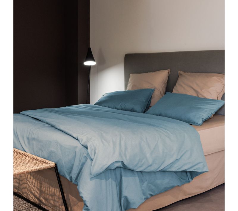 Parure De Lit 260x240 Cm Et 50x70 Cm Coton Lavé Palace Bleu Topaze 3 Pièces