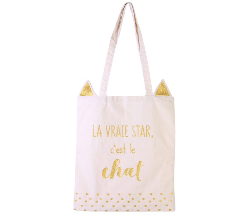 Tote Bag Jonc De Mer Et Polyester " La Vraie Star C'est Le Chat" Collection Cat 36x74 Cm Blanc