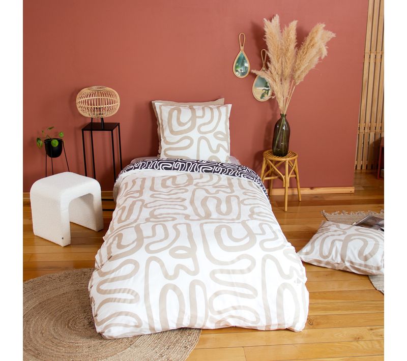 Parure De Lit 140x200 Cm Pur Coton Collection Sidnie Blanc Motif Abstrait 2 Pièces