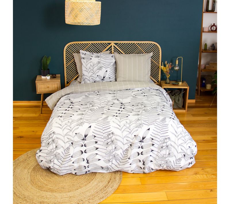 Parure De Lit 240x220 Cm Pur Coton Alix Motif Végétation Blanc Et Noir 3 Pièces