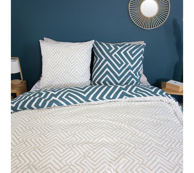 Parure De Lit 140x200 Cm Pur Coton Collection Phosy Motif Géométrique Bleu 2 Pièces