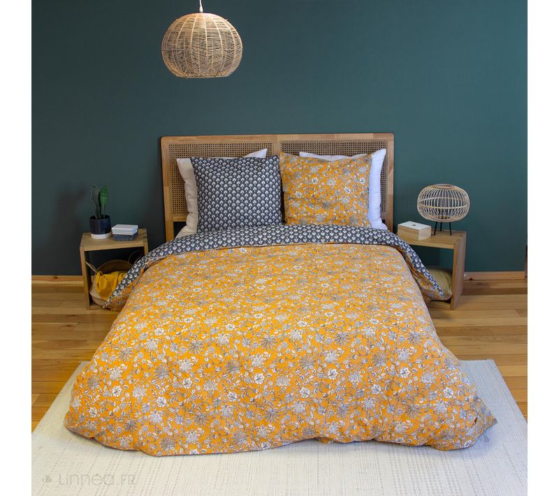 Parure De Lit 240x220 Cm Pur Coton Aschwini Motif Floral Jaune 3 Pièces