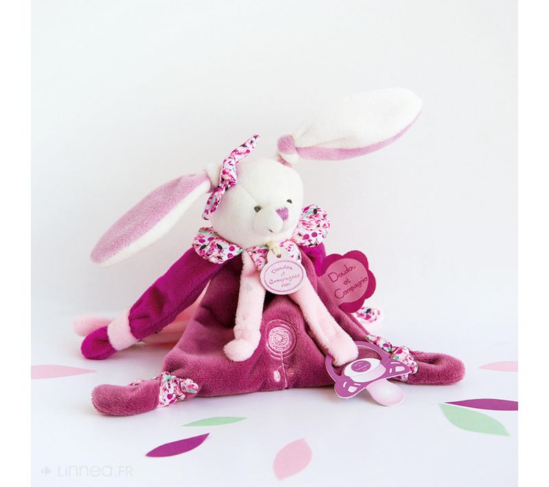 Doudou Attache-sucette Lapin 17 Cm Collection Lapin Cerise Rose