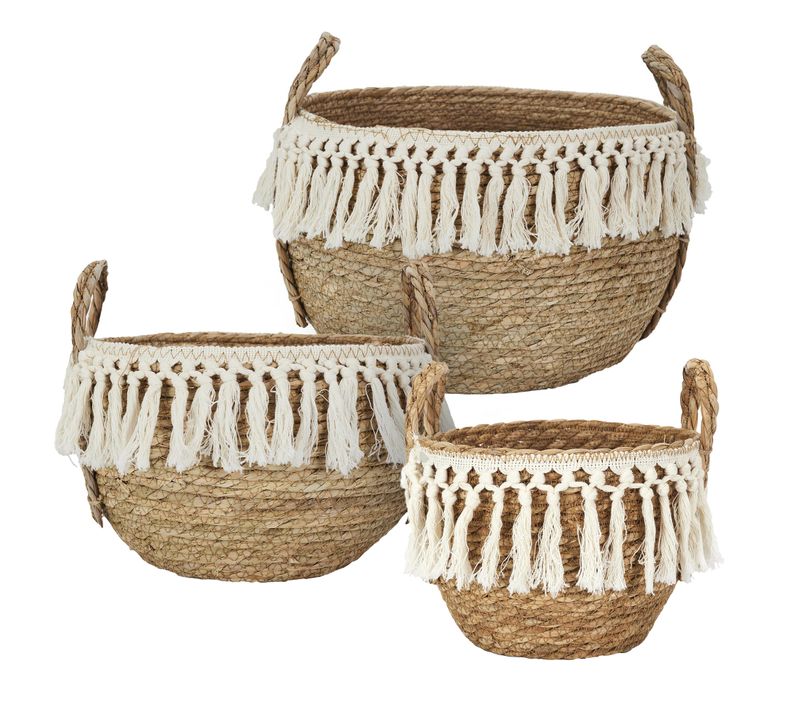 Lot De 3 Paniers De Rangement Tressés 33x28x33 Cm Collection Adelaide Marron Et Blanc