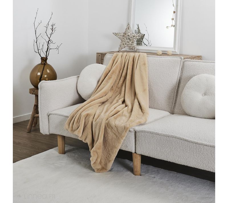 Plaid En Polyester 120x150 Cm Fleur De Lune Fausse Fourrure Avec Lanières Beige