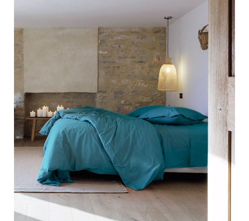 Parure De Lit 140x200 Cm Et Taie 50x70 Cm Percale Manoir Bleu Lagon