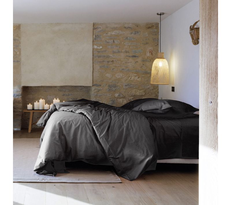 Parure De Lit 280x240 Cm Et Taie 50x70 Cm Percale Manoir Gris Ardoise