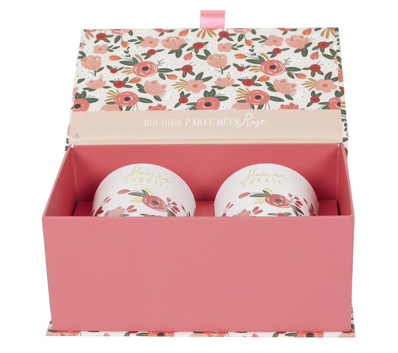 Coffret Cadeau 2 Bougies Parfumées Senteur Rose Maman Cherie Rose