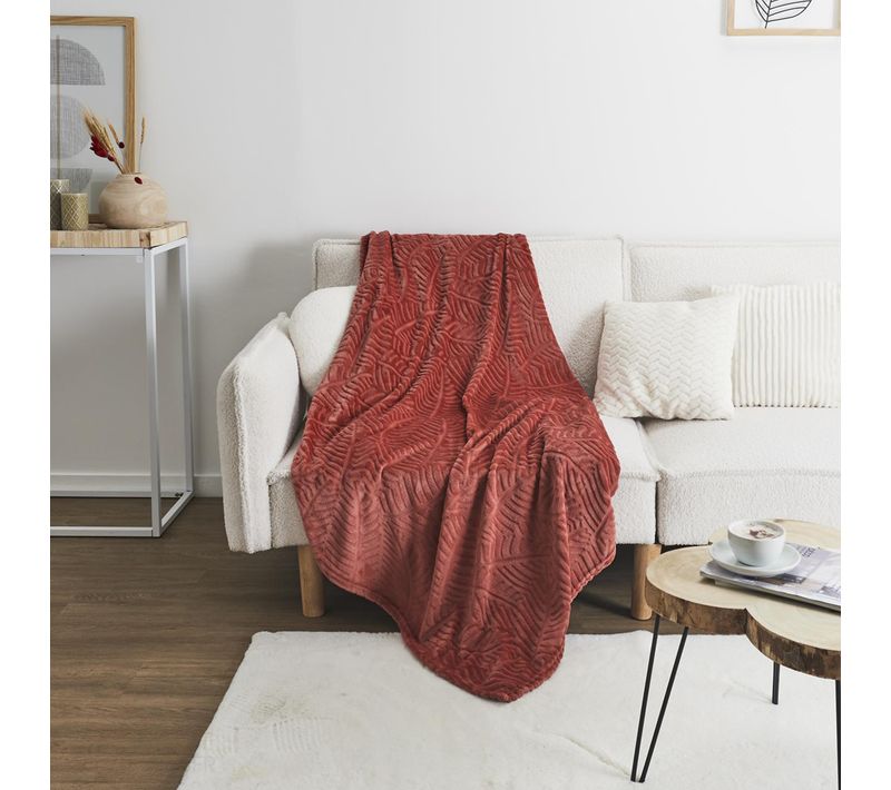 Plaid Flanelle Julia 150x200 Cm Motif Végétation Rouge Terracotta