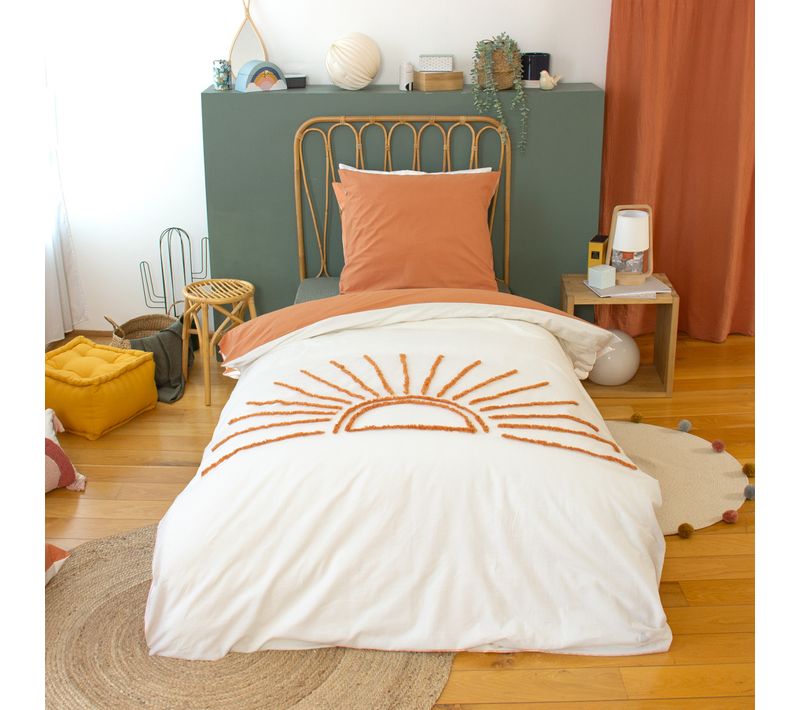 Parure De Lit 2 Pièces Enfant Solez 140x200 Cm Pur Coton Tufté Blanc Et Orange