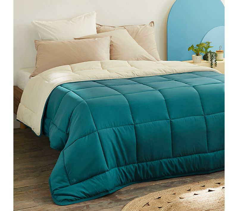 Couette Hiver 140x200 Cm Cocoon Bicolore Bleu Paon/galet Garnissage Fibre Polyester 400g/m2