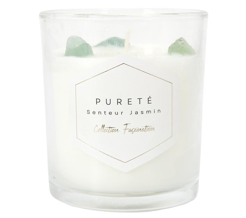 Bougie Parfumée Avec Pierres 35h Fascination à La Cire De Paraffine Senteur Jasmin