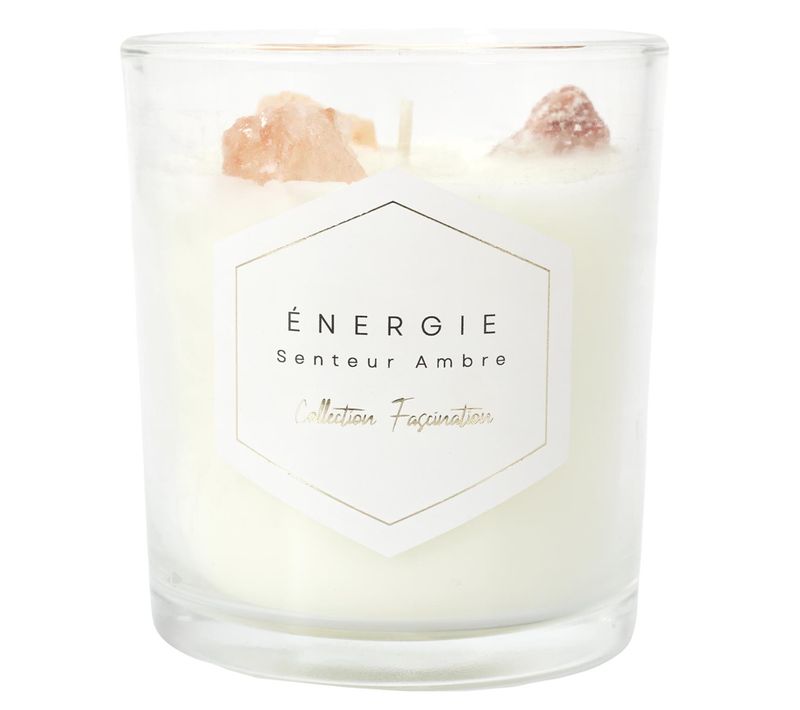 Bougie Parfumée Avec Pierres 35h Fascination à La Cire De Paraffine Senteur Ambre