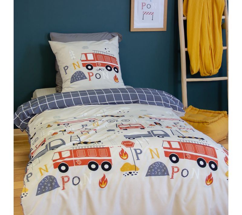 Parure De Lit 140x200 Cm Microfibre Flammeche Beige Bleu 2 Pièces