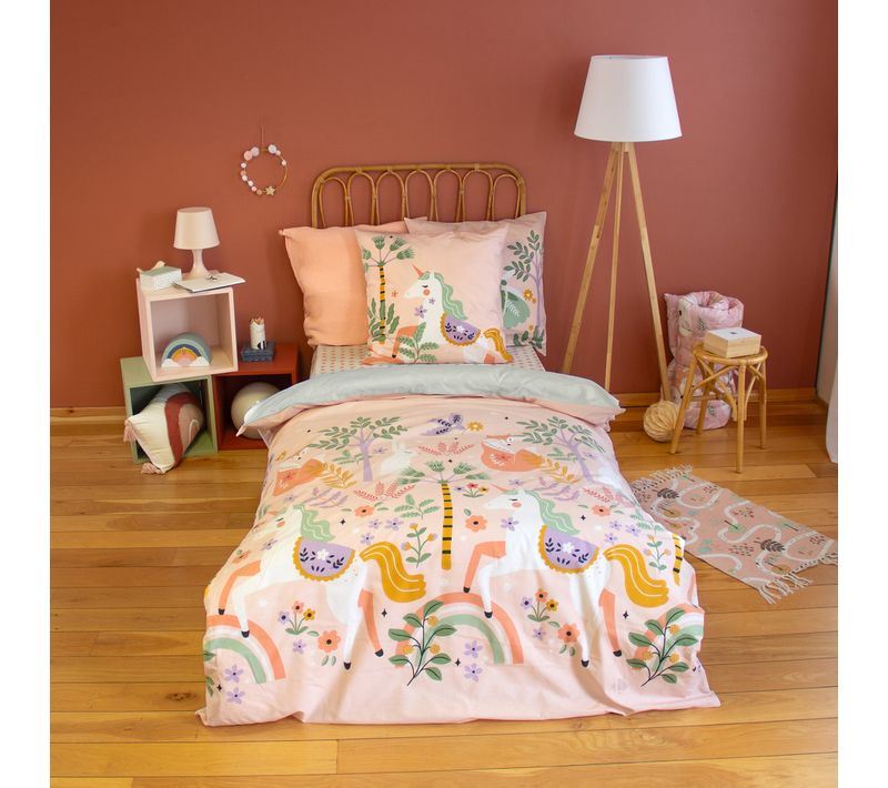 Parure De Lit Enfant 140x200 Cm Coton La Dame à Licorne Rose 2 Pièces