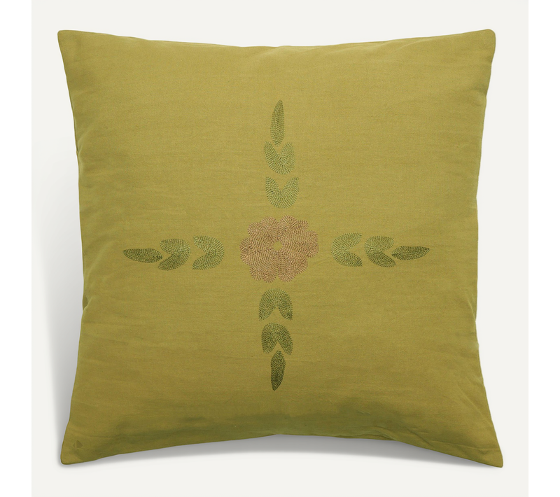Housse De Coussin 50% Lin 50% Coton 45x45 Cm Leonie Jaune Jasmin Broderie Bouquet