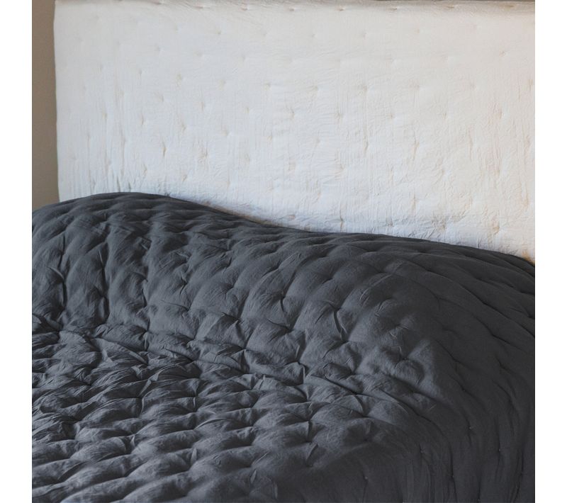 Couvre-lit 220x240 Cm Celeste Velours Piquage Points Brodés Noir Caviar