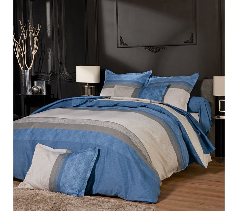 Parure De Lit 260x240 Cm 50x70 Cm En Satin De Coton Tiago Bleu Indigo