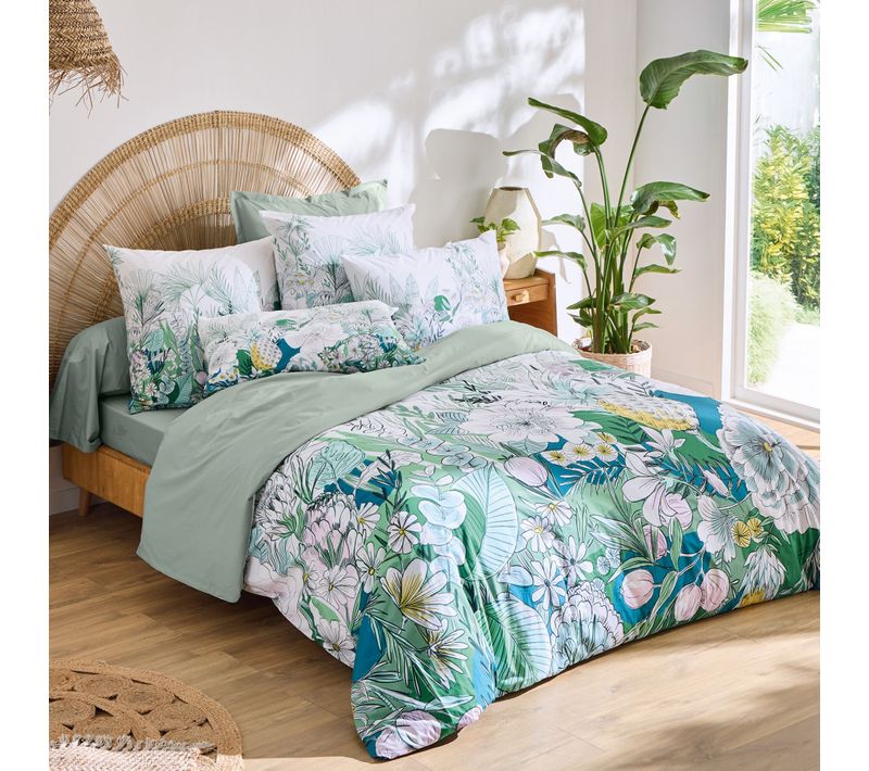 Parure De Lit 300x240 Cm 50x70 Cm Percale De Coton Bali Motif Floral Vert