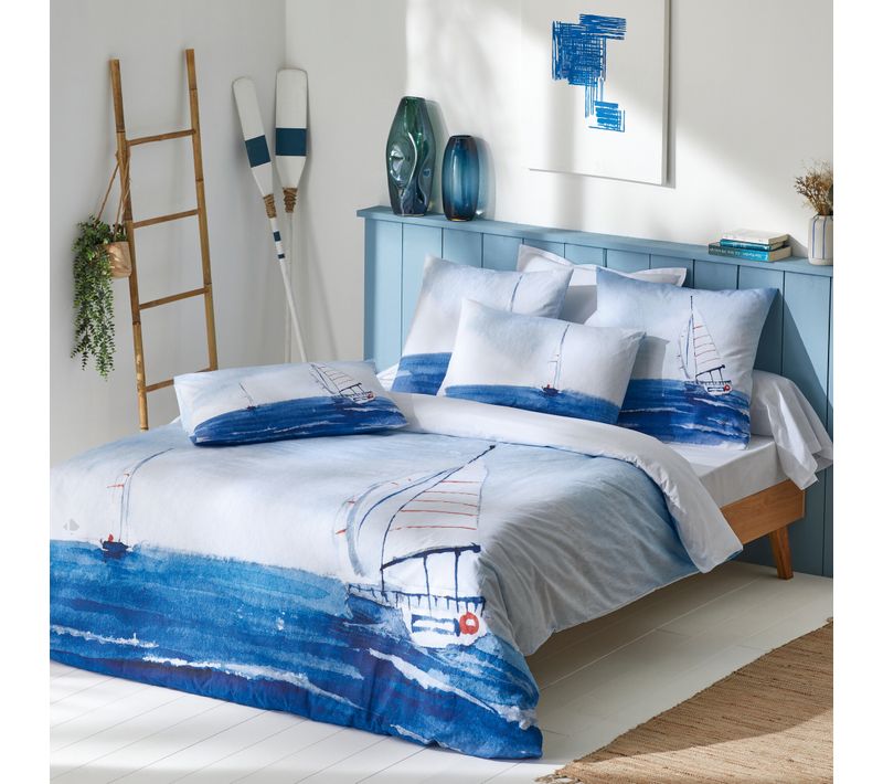 Parure De Lit 280x240 Cm 50x70 Cm Percale Regate Bleu 3 Pièces