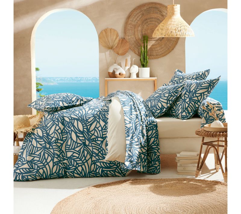 Parure 140x200 Cm 50x70 Cm Coton Serena Bleu Beige 2 Pièces