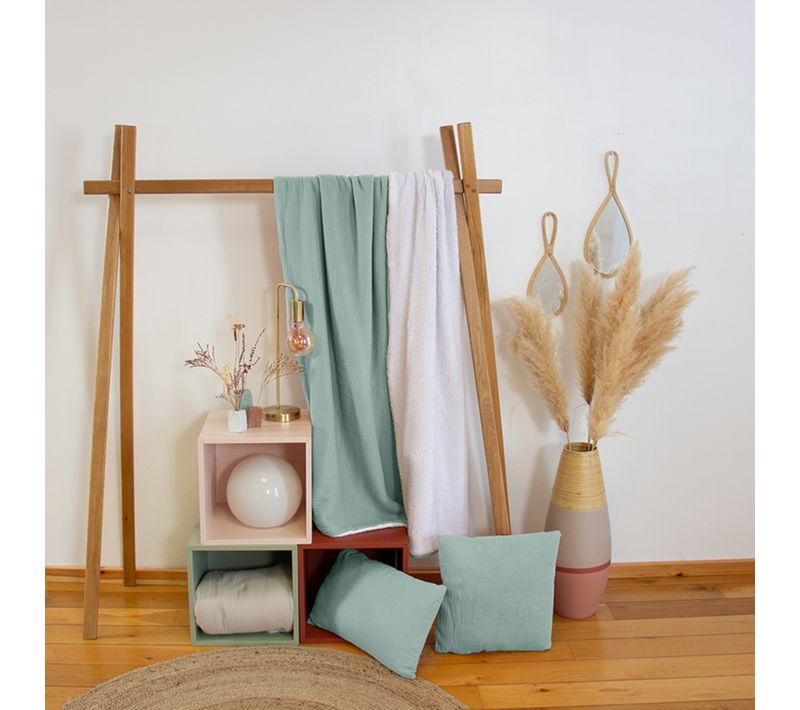 Plaid 130x170 Cm Double Gaze De Coton Gaze et Sherpa Vert Amande
