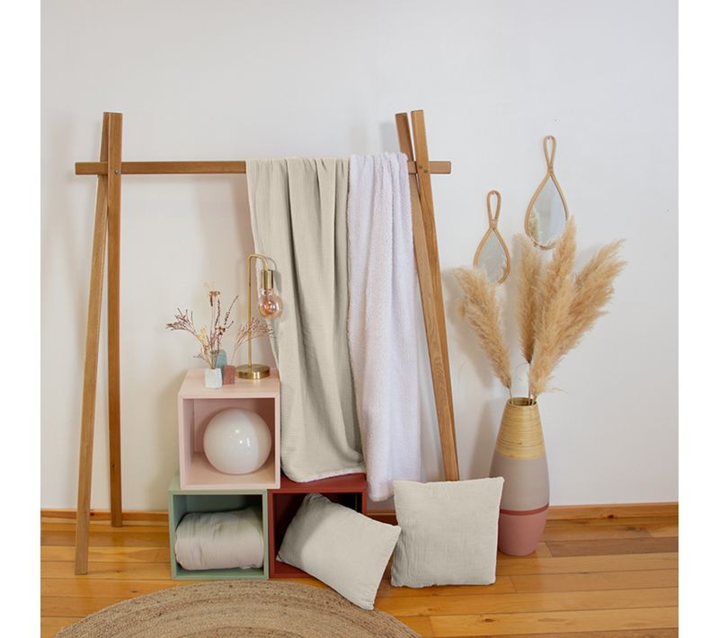 Plaid 130x170 Cm Double Gaze De Coton Gaze et Sherpa Beige Galet