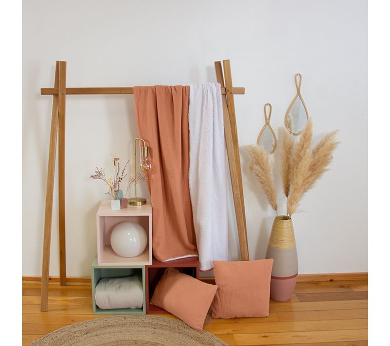 Plaid 130x170 Cm Double Gaze De Coton Gaze et Sherpa Marron Caramel