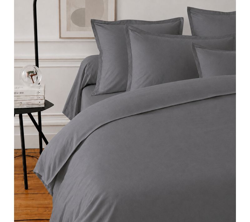 Parure De Lit 3 Pièces Coton Uni 57 Fils Alto 260x240 Taies 65x65 Gris Manhattan