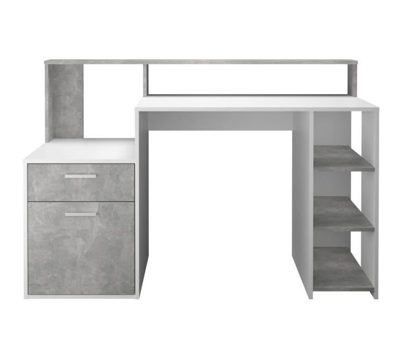 Bureau Avec Réhausse Et Rangements Bolton - Mélamine Blanc/gris Béton - L138,5 X H91,6 X P53,5 Cm