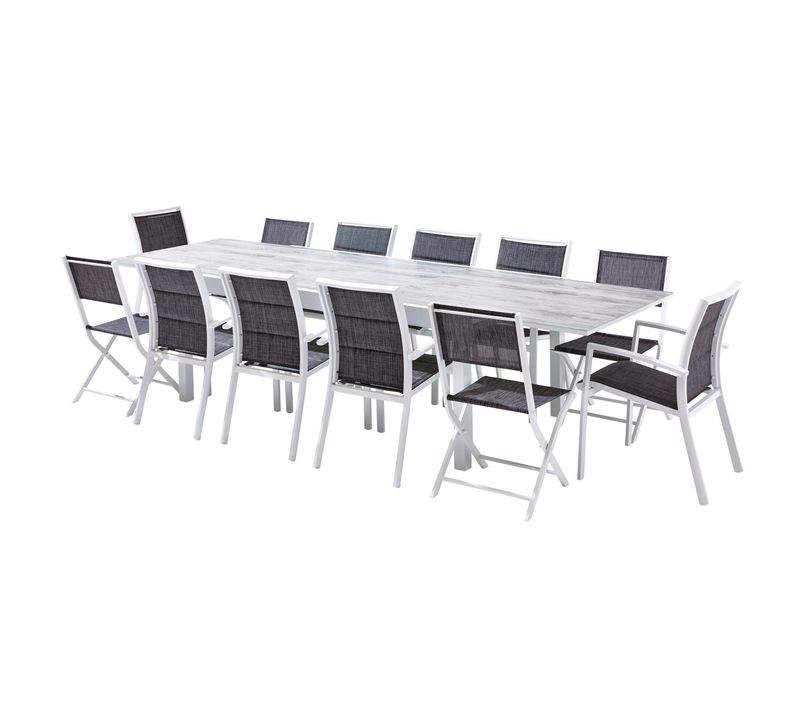 Ensemble Modulo 8/12p En Alu Blanc Et Verre, Avec 8 Fauteuils Et 4 Chaises Pliantes En Alu