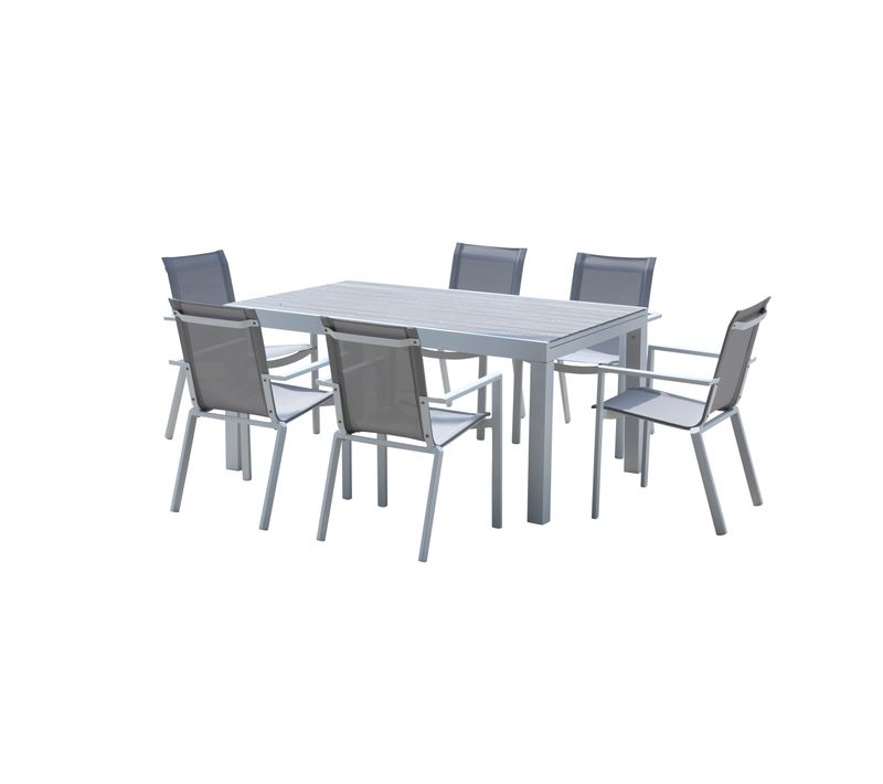 Ensemble Tulum 6/10p En Alu Blanc Et Plateau En Alu Décors Bois Avec 6 Fauteuils En Textilène