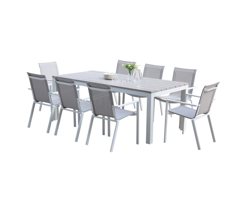 Ensemble Tampa 8p En Aluminium Blanc Et Plateau En Alu, 8 Fauteuils Et 4 Chaises Pliantes En Alu