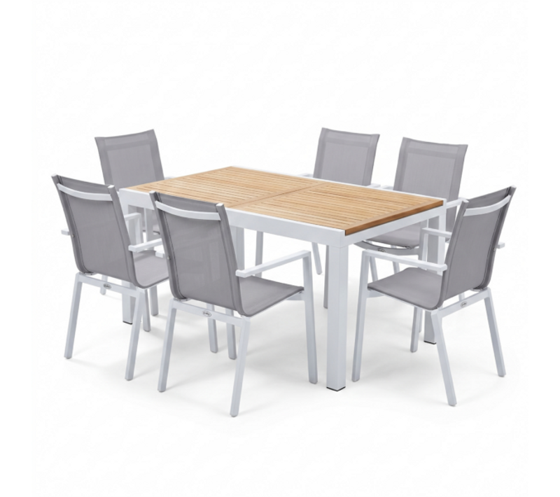 Ensemble Baliteck 6/10p En Aluminium Blanc, Plateau En Teck Avec 6 Fauteuils