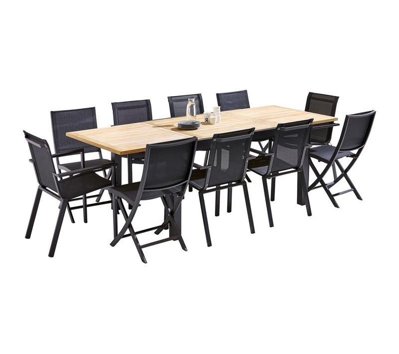 Ensemble Baliteck 6/10p En Alu Noir Et Plateau En Teck Avec 6 Fauteuils Et 4 Chaises Pliantes En Alu