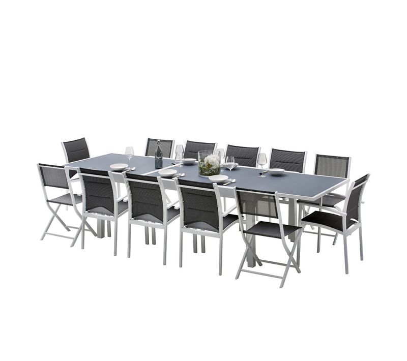 Ensemble Modulo 8/12p En Alu Blanc Et Verre Trempé Gris, 8 Fauteuils Et 4 Chaises Pliantes En Alu