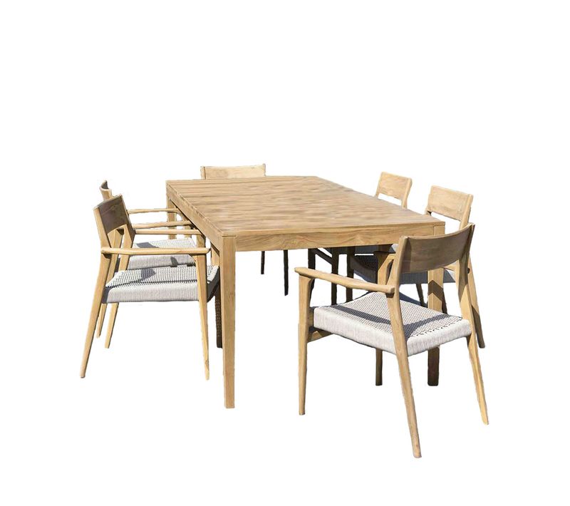 Ensemble En Teck Massif Et Cordage Beige 6/8 Places Avec 6 Fauteuils Calvi