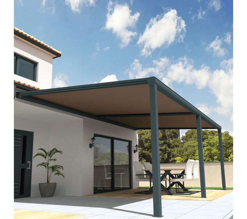 Pergola Toile Sunlight Gris - 6,00x4,00m (télécommande Secours + Kit LED 1 Coté - Taupe)