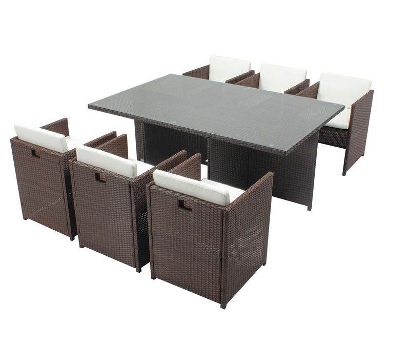 Miami 6 - Salon De Jardin Encastrable 6 Places En Résine Tressée Aspect Rotin Marron Et Blanc