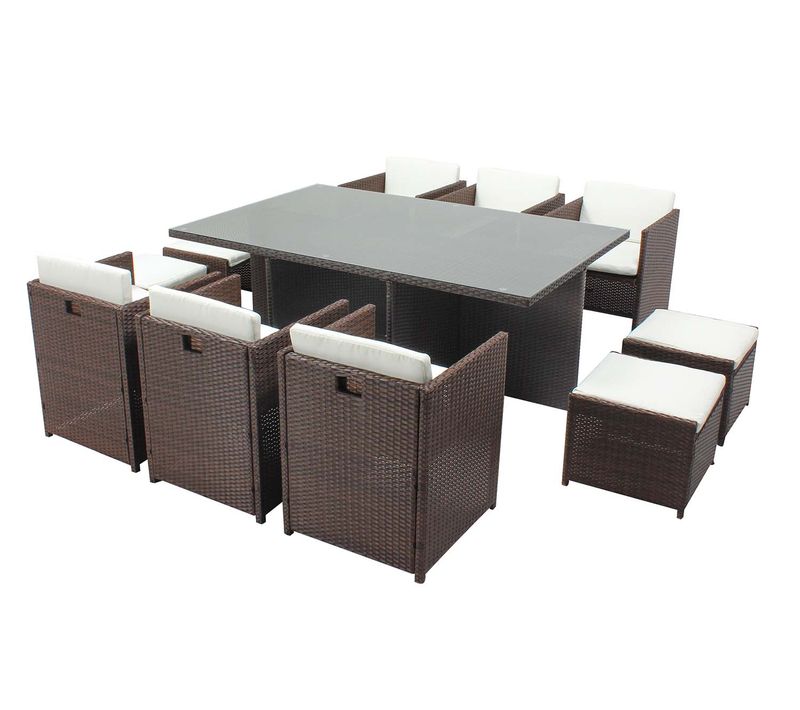 Miami - Table Et Chaises 10 Places Encastrables Résine Marron-blanc