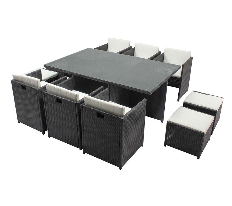 Miami 10 - Salon De Jardin Encastrable 10 Places Fauteuils Et Poufs En Résine Tressée Gris Et Blanc