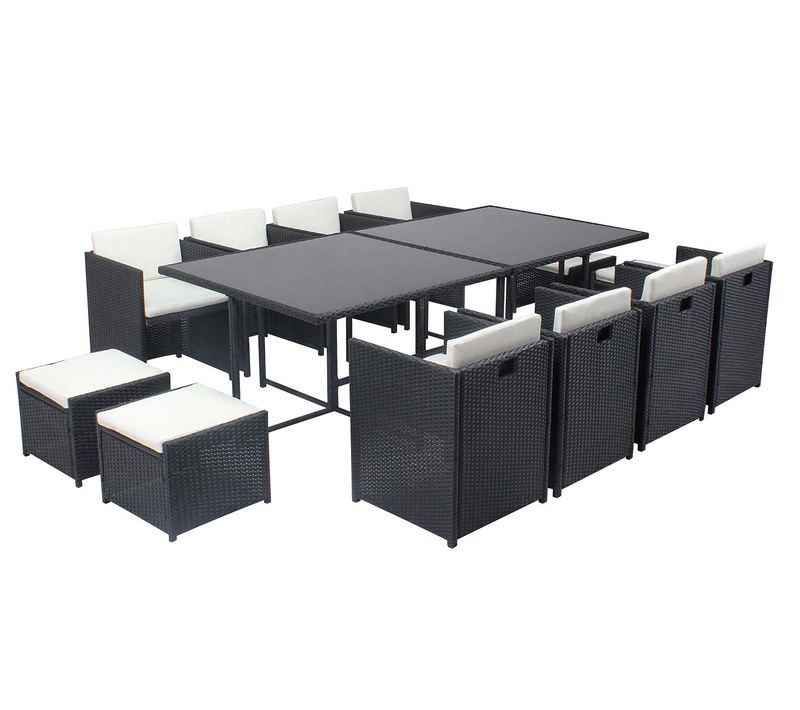 Miami 12 - Salon De Jardin Encastrable 12 Places Fauteuils Et Poufs En Résine Tressée Noir Et Blanc