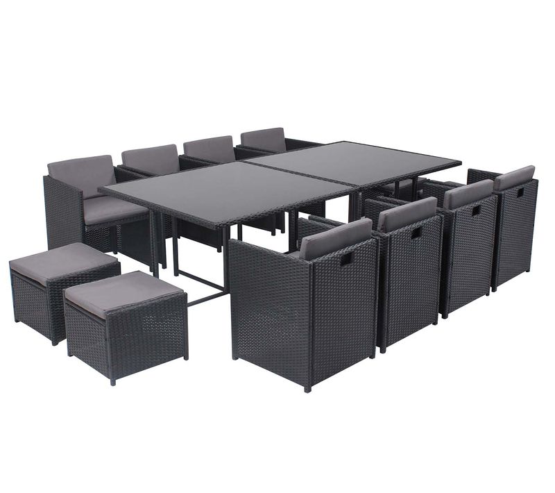 Miami 12 - Salon De Jardin Encastrable 12 Places Fauteuils Et Poufs En Résine Tressée Noir Et Gris