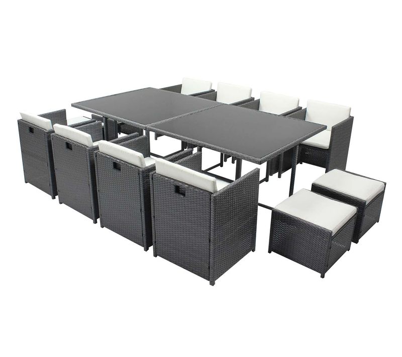 Miami 12 - Salon De Jardin Encastrable 12 Places Fauteuils Et Poufs En Résine Tressée Gris Et Blanc