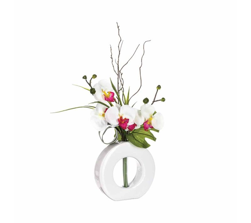Composition Florale Vase Blanc - Hauteur 44 Cm - Orchidée Fleur Rose