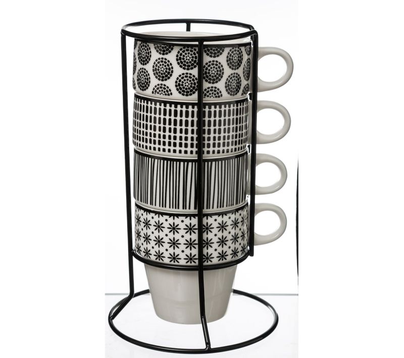 4 Mugs Avec Support Bohemia - Noir Et Blanc